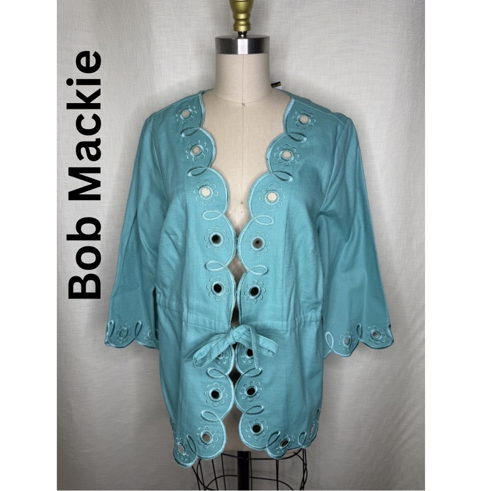 Bob Mackie Wearable Art Jacket Size M Blue Eyelet Tie Front Boho Chic